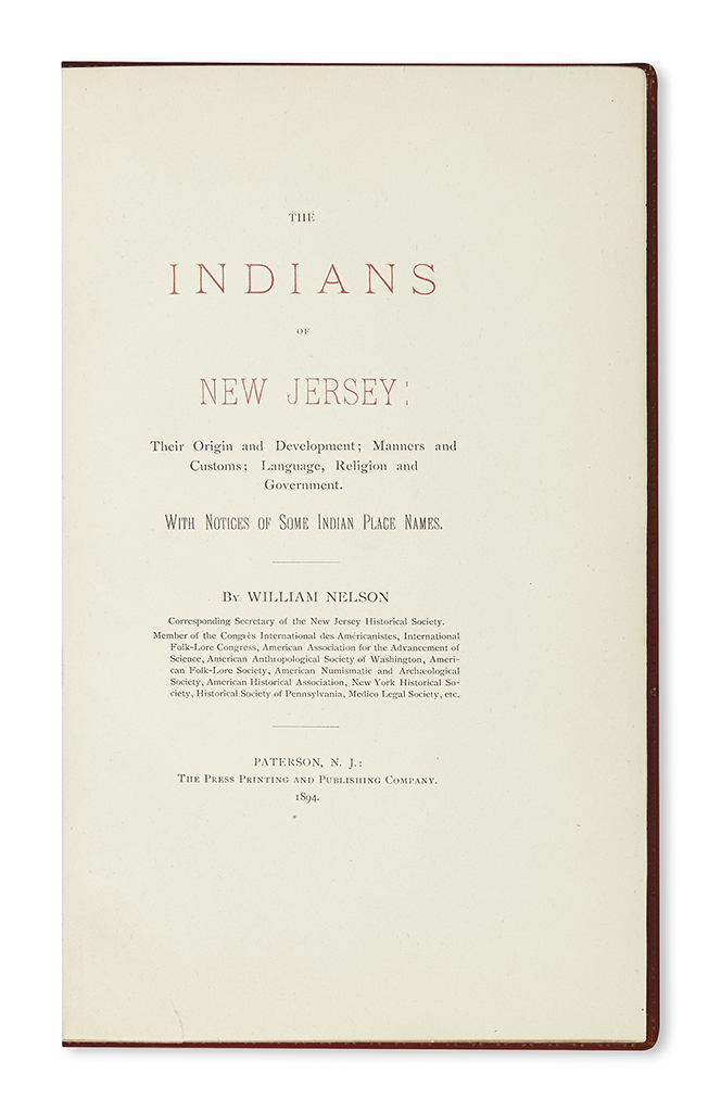 (AMERICAN INDIANS.) Nelson, William. The Indians of New Jersey.